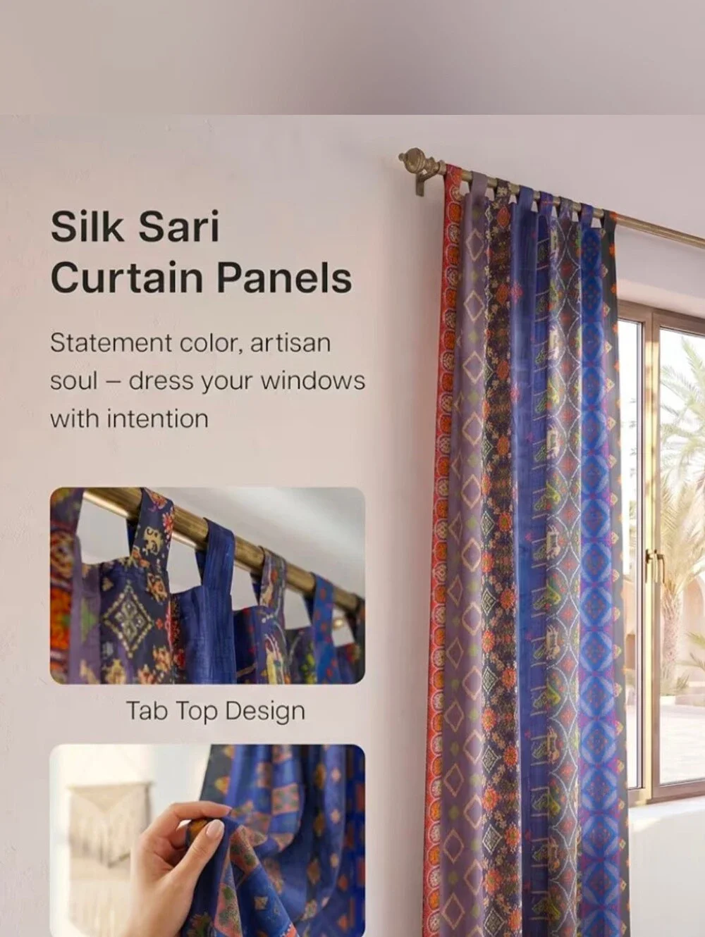 THE ART BOX Blue Silk Sari Curtains, Boho Patchwork, 42x84, 2 Panels Handmade
